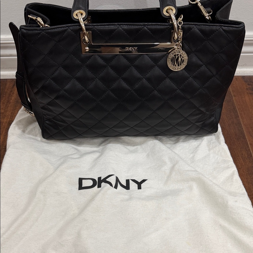 DKNY Black Quilted Tote with Gold Accents